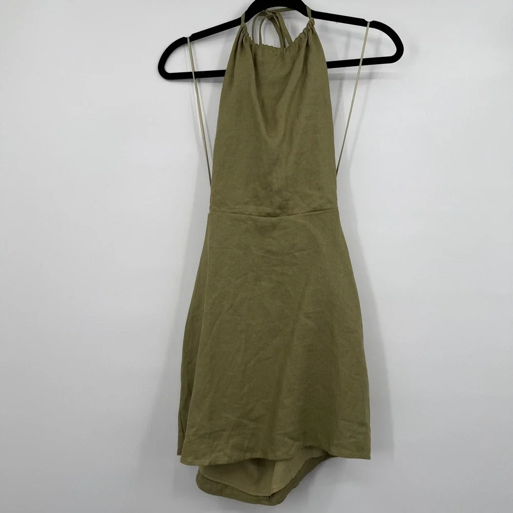 Reformation Dress Womens 6 Green Mini Sundress Halter Linen Lined Open Back‎ Tie